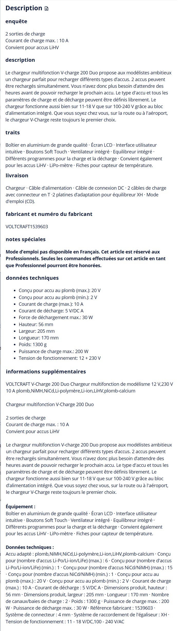 descriptif Voltcraft V-Charge 200 Duo